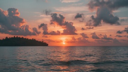 Naklejka premium Stunning Sunrise Over Mabul Island Beautiful Tropical Landscape With Calm Waters And Vibrant Colors Ideal For Text Overlay