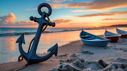 Anchor on Beach at Sunset with Three Boats Scenery and Colorful Sky Tranquil Seaside Atmosphere Ideal for Travel and Adventure Themes