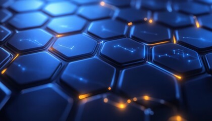 Obraz premium Sci Fi Neon Blue Hexagonal Pattern With Connecting Lines And Light Flares On Black Backdrop