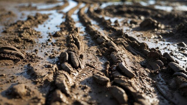 Close-up view of tire tracks in wet mud showcasing patterns and texture in off-road terrain. Perfect for automotive or nature themes.