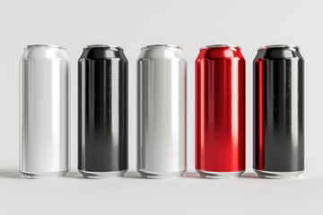 Elegant 3D render of aluminum slim cans in silver, white, black, and red, standing upright on a white background, ideal for beer can mockup templates