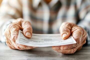 A hyper-detailed close-up of an elderly taxpayer holding a tax refund check, showing every skin wrinkle and detailed paper texture