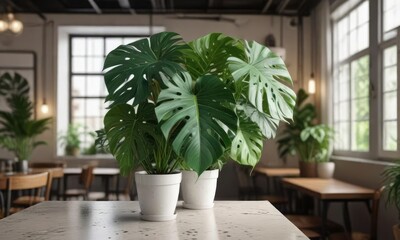 Fototapeta premium White spotted monstera plant with vibrant green leaves in a modern coffee house, air purification, white spotted, monstera, interior