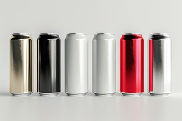 Elegant 3D render of aluminum slim cans in silver, white, black, and red, standing upright on a white background, ideal for beer can mockup templates