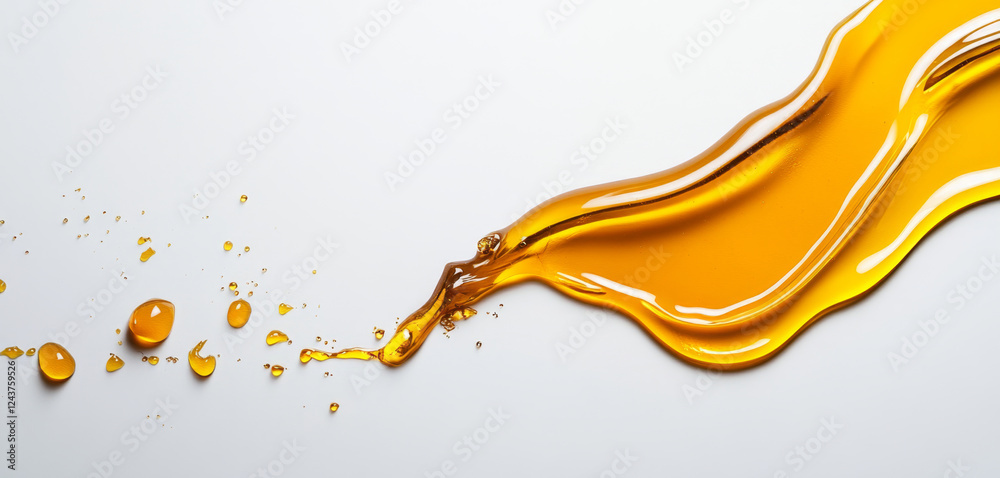 Poster golden honey streams across a smooth surface, forming splashes and droplets. the rich color contrast
