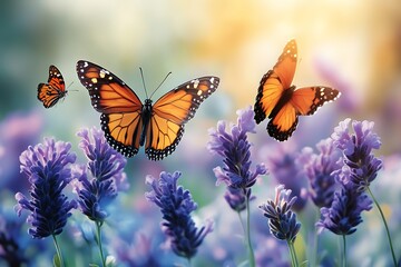 Obraz premium Three monarch butterflies flying over lavender flowers in sunlight.