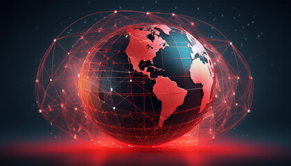 abstract digital globe representation with red network lines showcasing global connectivity and geographical features on a minimalist background for modern designs