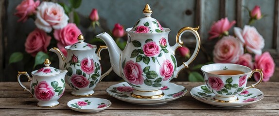 Fototapeta premium Floral rose pattern fine china tea set with teapot, sugar pot, creamer, and teacup on rustic background with fresh roses.