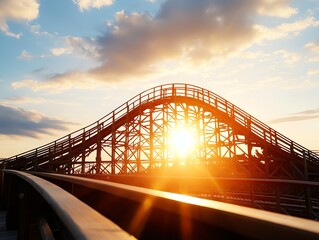 Wooden roller coaster at golden hour, sun rays filtering through the tracks, classic and vintage amusement park experience