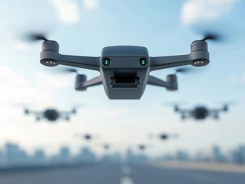 AIdriven defense industry with autonomous surveillance drones patrolling a highsecurity area
