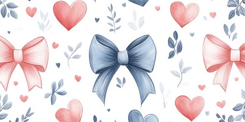 A seamless pattern featuring hand-drawn ribbons and hearts on a white background. Ideal for gift wrapping, holidays, and feminine-themed designs.