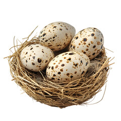 Fototapeta premium Bird Nest with Speckled Eggs on Plain White Isolated Background