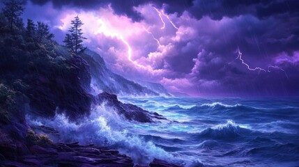 A coastal cliffside during an extreme thunderstorm, crashing waves, flashes of lightning in the distance, heavy rain hitting the rocky shore, a truly wild and untamed landscape