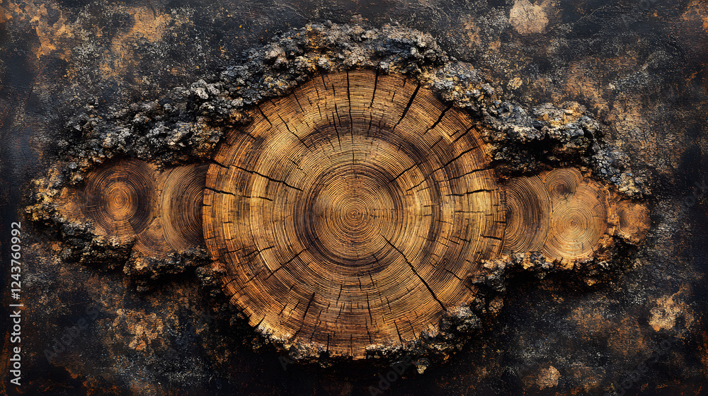 Poster a close-up view of a tree stump with intricate rings, showcasing natural textures and earthy colors 