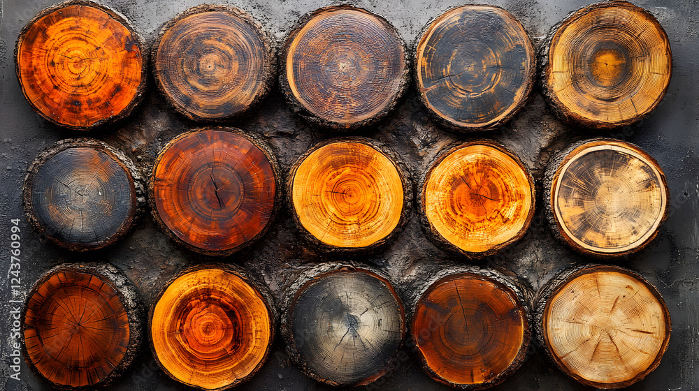 Poster wooden slices arranged in a grid, showcasing different textures and colors, ideal for rustic decor o
