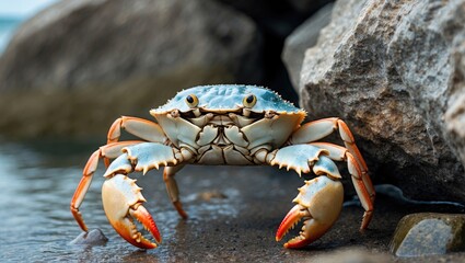 Blue crab on a rocky shore with ocean background showcasing natural marine habitat and wildlife in coastal environment.