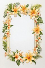 Thin Elegant Frame with Small Tropical Flowers and Palm Trees on a White Background