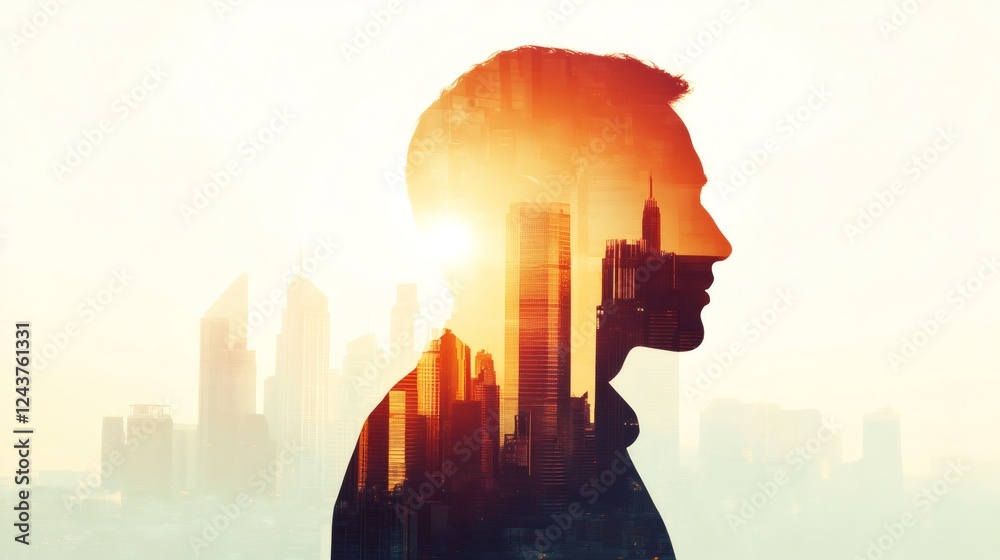 Poster modern cityscape merging with a businessman silhouette at sunset, creating a striking double exposur