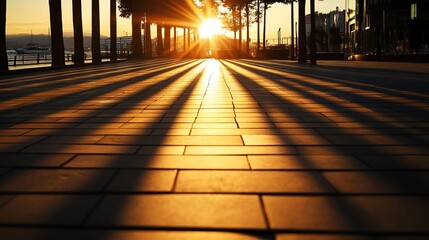 Sunset casting long dramatic shadows on a patterned sidewalk, artistic and cinematic perspective, golden hour beauty