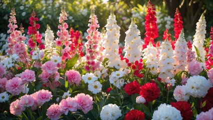 Vibrant Garden of Pink White and Red Flowers Bathed in Sunlight with a Clear Area for Text Overlay