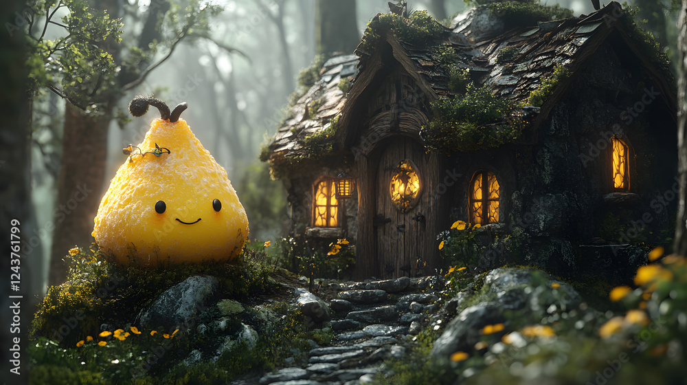 Poster a whimsical yellow pear character stands beside a cozy, illuminated cottage in a serene forest setti