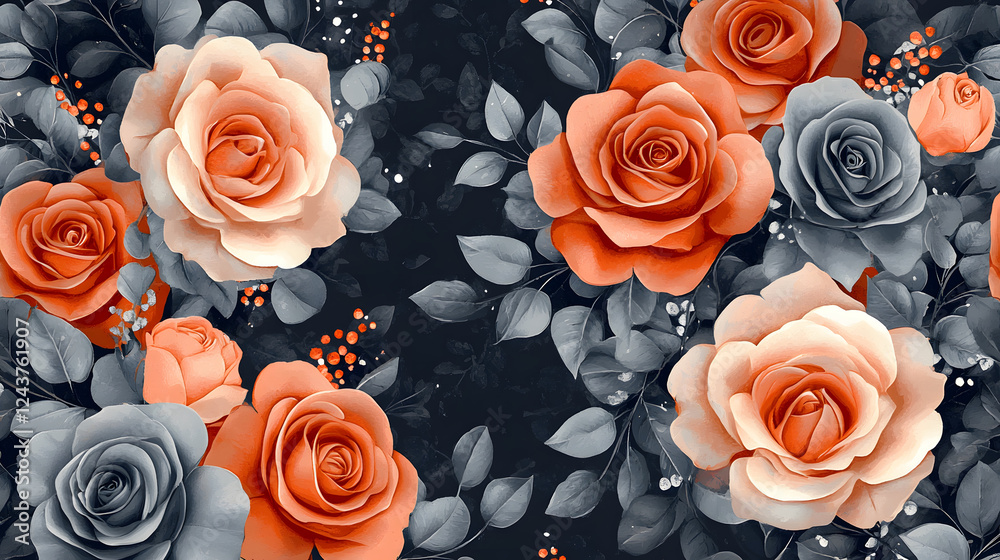 Poster vibrant floral pattern featuring orange and gray roses on a dark background, creating a striking con