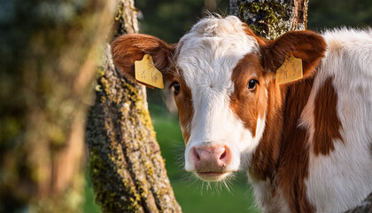 Fototapeta premium brown white cow w tag on ear peeks from tree looks at camera