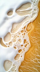 Fototapeta premium Topdown view of foamy ocean waves meeting golden sand, rhythmic nature patterns, high contrast and dynamic movement, abstract beach textures