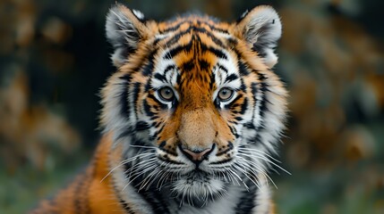 Obraz premium Close-up portrait of young Bengal tiger cub with intense blue eyes and vibrant orange fur against blurred natural background, perfect for wildlife and conservation projects.