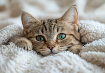Fototapeta premium Adorable tabby kitten peeking out from cozy soft white blanket with large expressive green eyes and playful demeanor in warm indoor setting