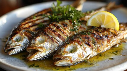 Grilled fish served on a plate with herbs and lemon, showcasing a delicious meal in a warm, inviting restaurant setting