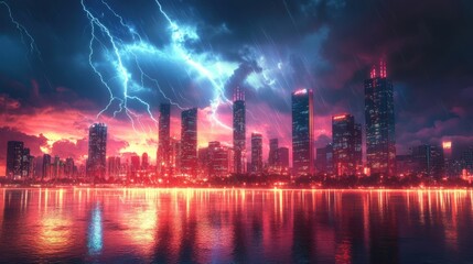 A cyberpunk-inspired city skyline with an intense electrical storm overhead, neon reflections on wet streets, futuristic and striking composition
