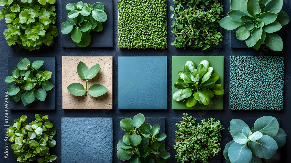 Poster a vibrant flat lay of various green plants arranged in a grid pattern, showcasing diverse textures a