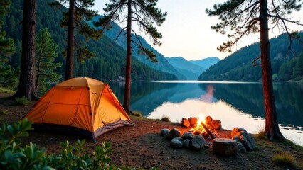 A cozy campsite on the shore of a serene lake surrounded by tall pine trees, a yellow tent set up by a crackling campfire, a wide-angle shot.