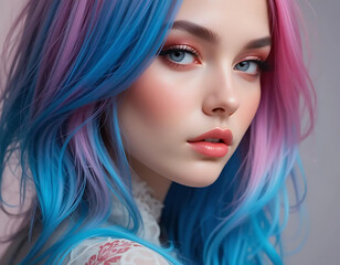 Fototapeta premium Stunning Girl with Blue and Pink Hair Portrait
