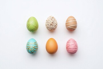 Fototapeta premium six decorated Easter eggs on clean white surface unique designs