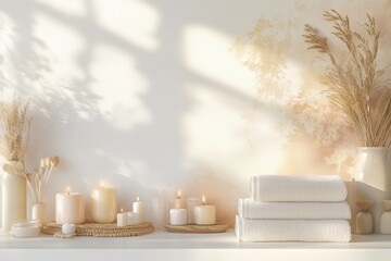 Conjunto de itens de spa com toalhas, velas e elementos decorativos em tons neutros, capturados com luz natural suave, criado com IA generativa.