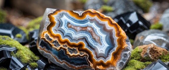 Obraz premium Close up view of crazy lace agate quartz with black onyx stones showcasing vibrant colors and unique patterns ideal for design elements.