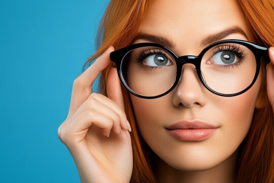Young woman adjusts her black glasses while showcasing her striking blue eyes and vibrant red hair against a blue background - Powered by Adobe