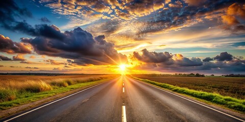 Naklejka premium Sunset Road Dramatic Cloudscape, Asphalt Highway, Journey Concept