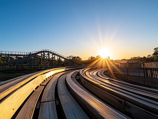 Fototapeta premium Wooden roller coaster at golden hour, sun rays filtering through the tracks, classic and vintage amusement park experience