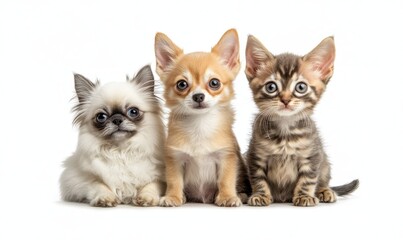 Obraz premium Adorable Trio of Chihuahua and Cat Sitting Together with Expressive Eyes on White Background Perfect for Pet Lovers and Animal Enthusiasts