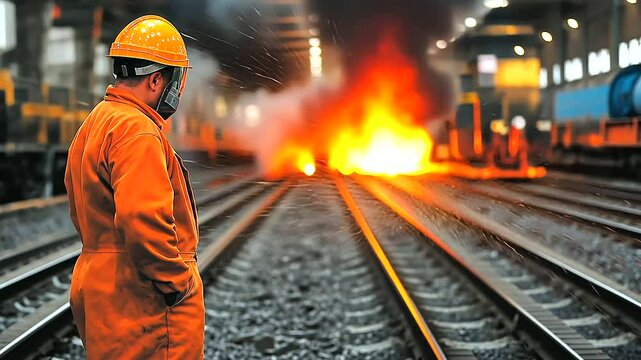 A steelworker, fully equipped in a heavy protective suit, stands next to a roaring steel furnace, the intense heat creating a glowing atmosphere around them as they observe the mol