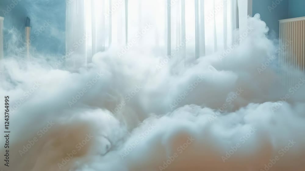 Poster thick smoke filling a residential room during a house fire, creating a dangerous situation and causi