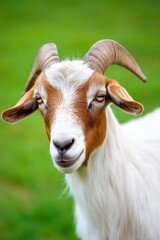 Goat standing in a lush green field with expressive features during a sunny day