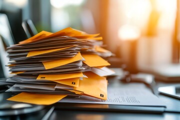 A pile of past-due notices stacked high on a desk