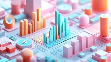 A vibrant 3D illustration of colorful geometric shapes and bar graphs, symbolizing data analysis and digital trends.