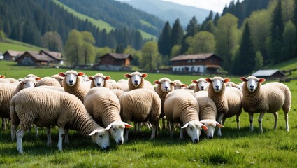 A serene flock of sheep grazing in a lush green meadow surrounded by mountains and forest with rustic houses in the background.
