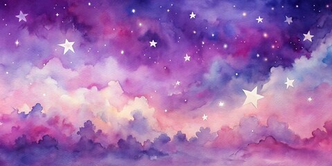 Fototapeta premium Watercolor Night Sky Purple Clouds, White Starscape