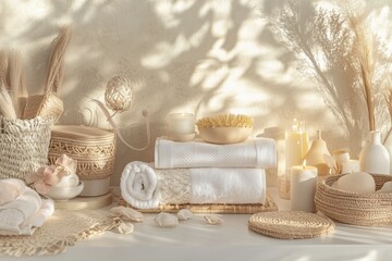 Conjunto de itens de spa com toalhas, velas e elementos decorativos em tons neutros, capturados com luz natural suave, criado com IA generativa.